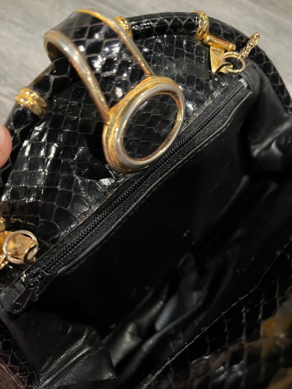 Vintage Black Snakeskin Clutch | Gold Chain Strap | 1980s Glam - Picture 9 of 13
